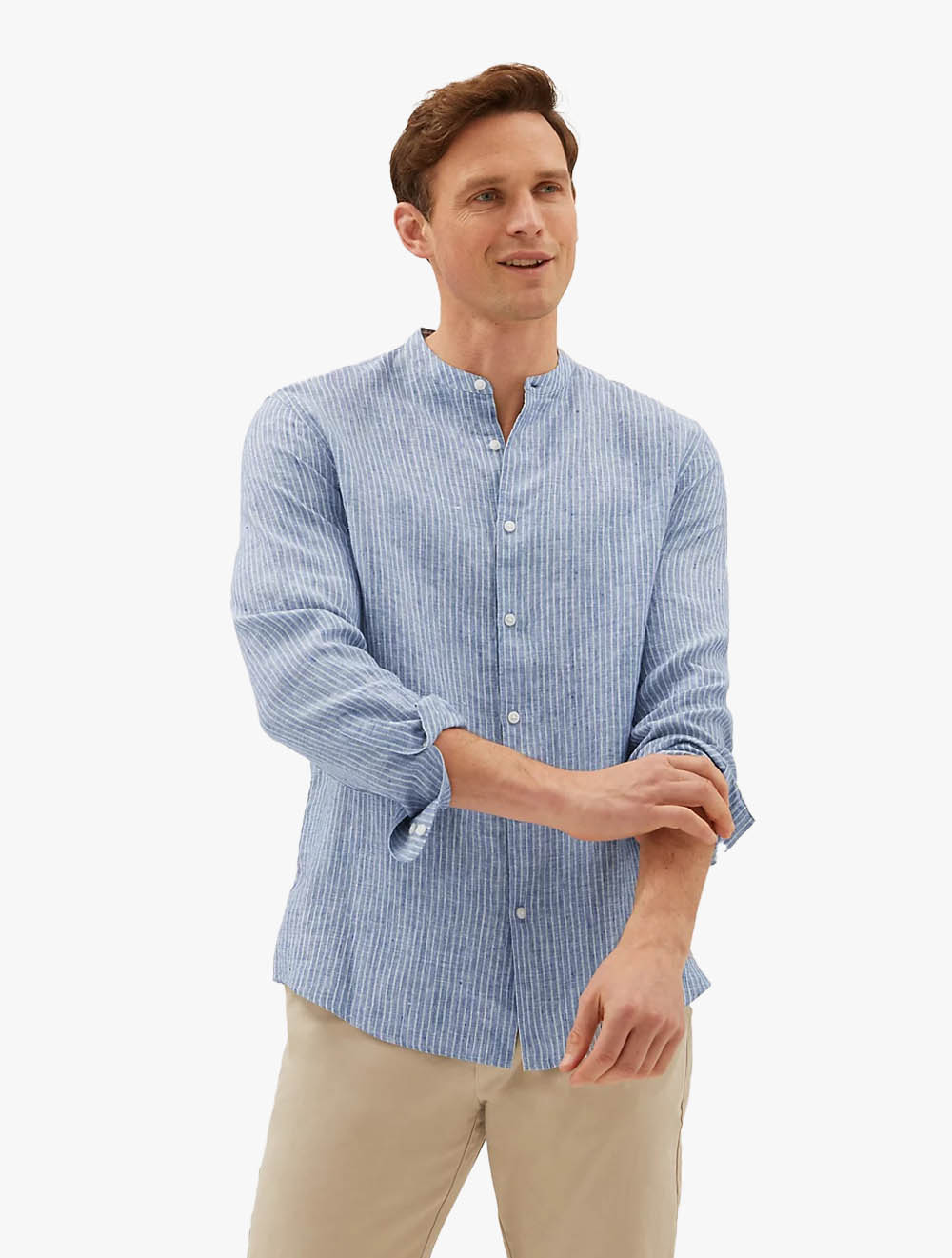 Linen Grandad Collar Shirt - Light Blue